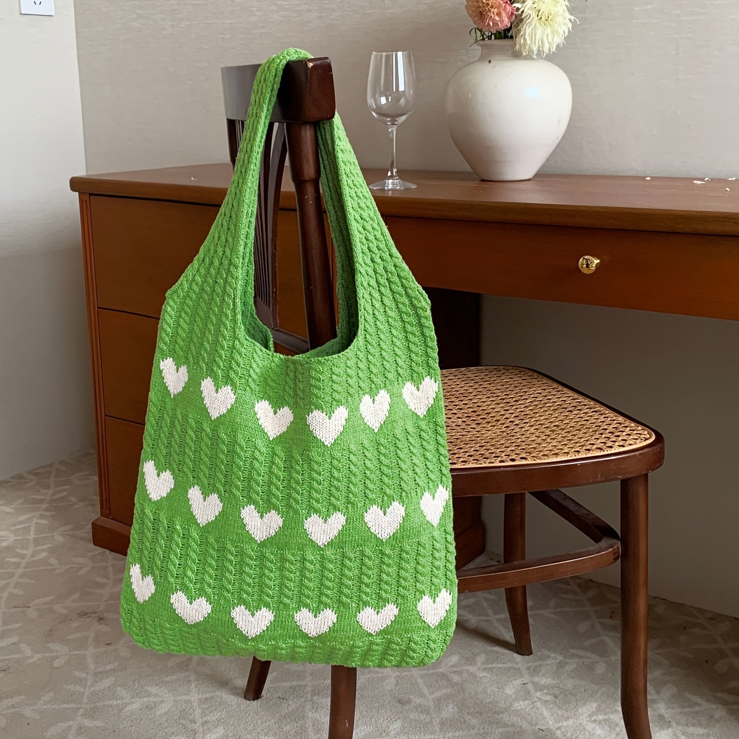 Nina | Knitted Heart Pattern Shopper Bag