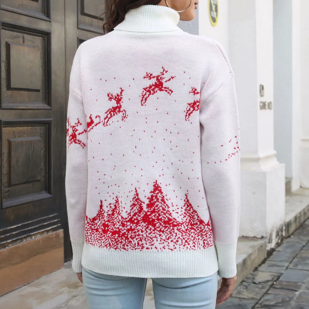 White Christmas Jumper for Women with Reindeer Print, Knitted and Warm