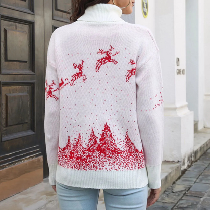 White Christmas Jumper for Women with Reindeer Print, Knitted and Warm