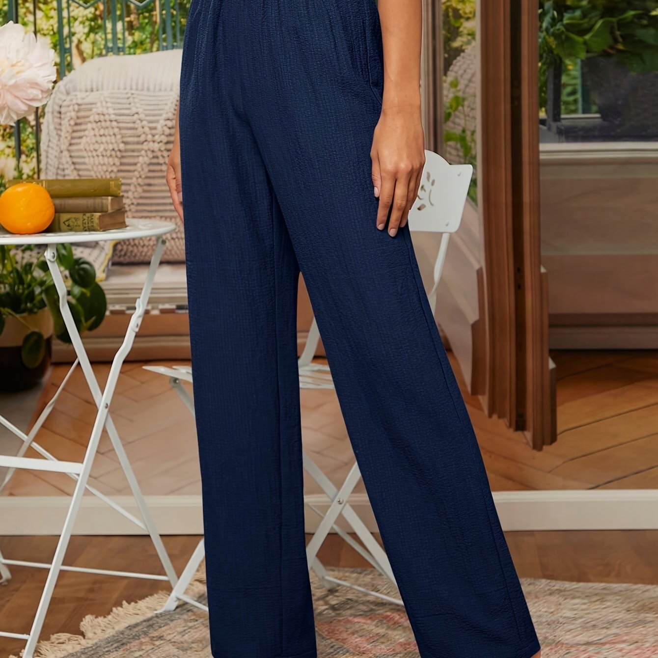 Noa | Plain Textured Trousers with Straight Legs and Elastic Waistband