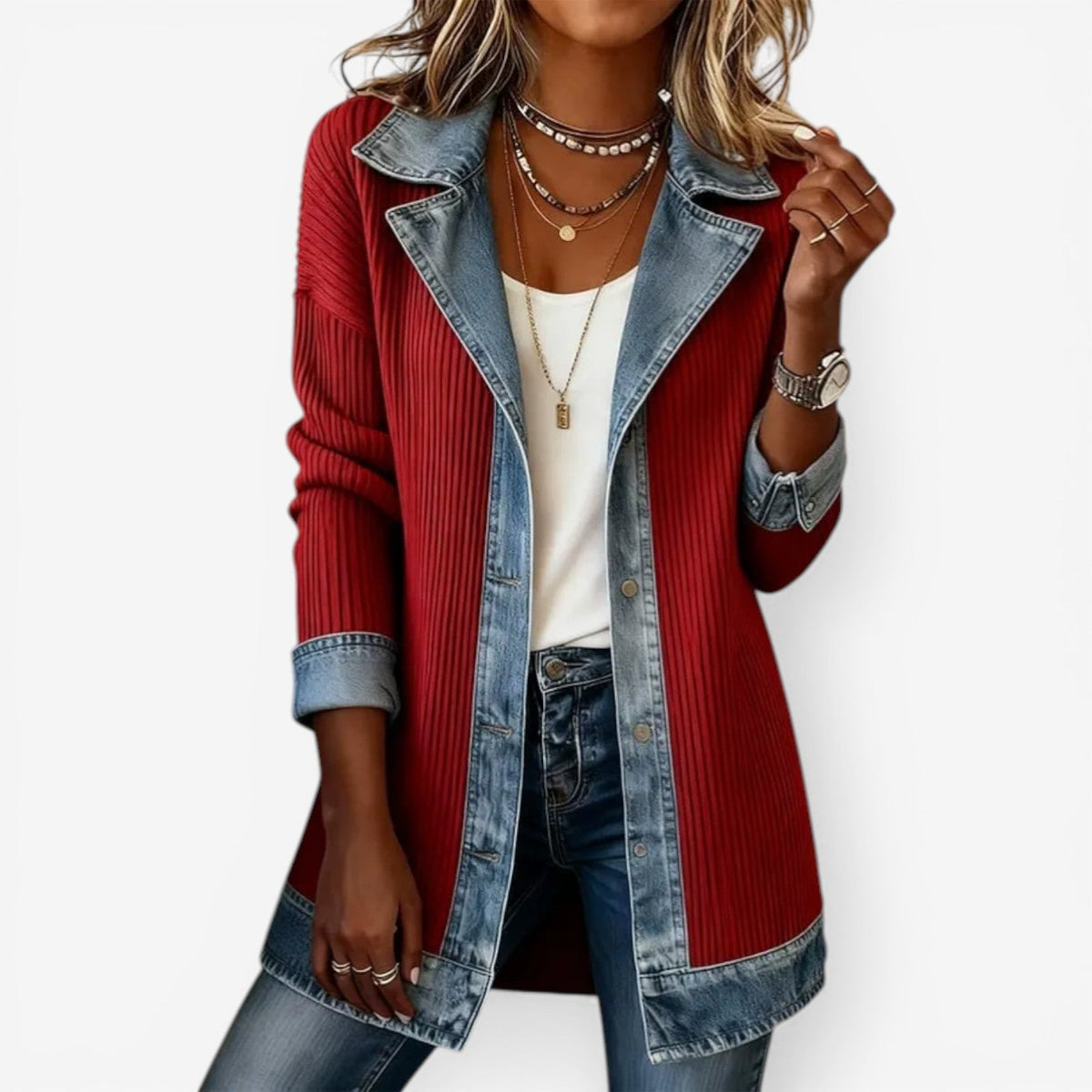 Ladies Trendy Ribbed Jacket with Notched Collar and Buttons