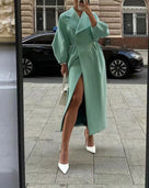 Abrigo largo elegante de invierno para mujer, cruzado y con solapas de muesca