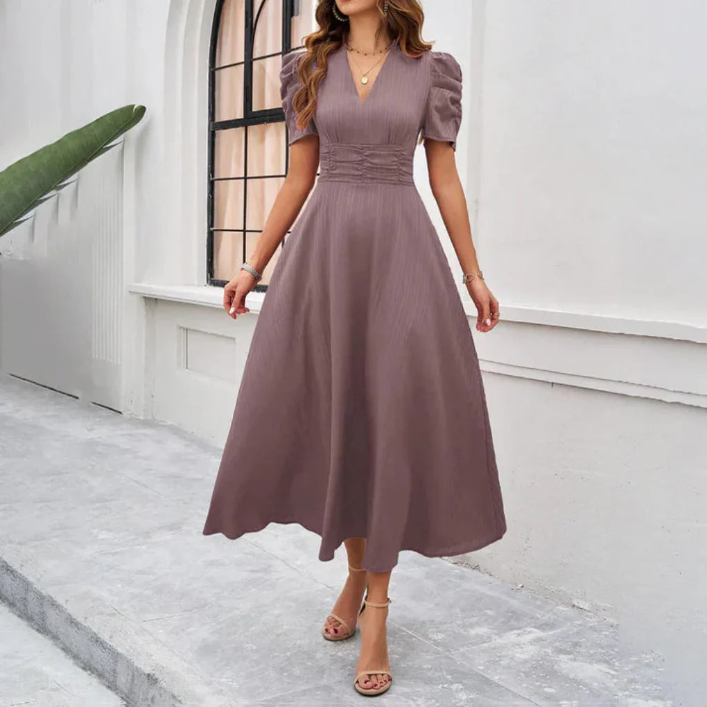 Pleated Waist Fit and Flare Midi Dress