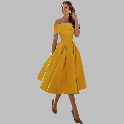 Off-shoulder satin vintage ball gown