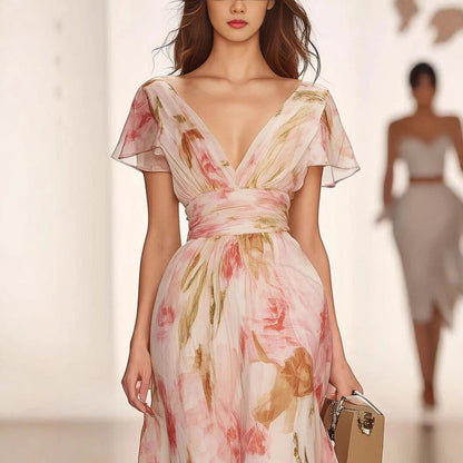 Maxi dress with flared sleeves and fit and flare silhouette