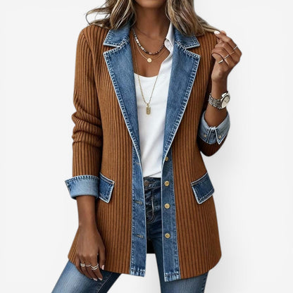 Ladies Trendy Ribbed Jacket with Notched Collar and Buttons