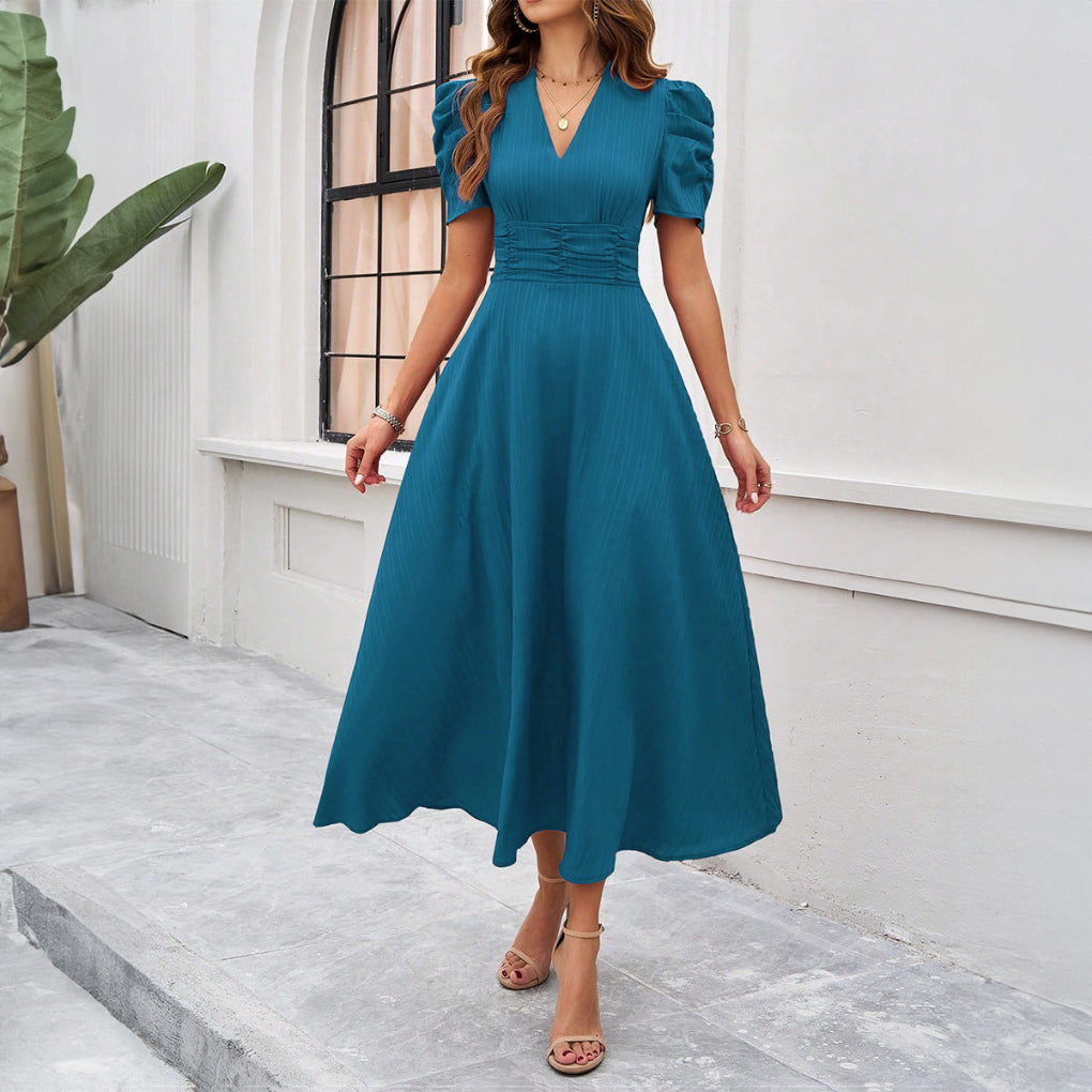 Pleated Waist Fit and Flare Midi Dress