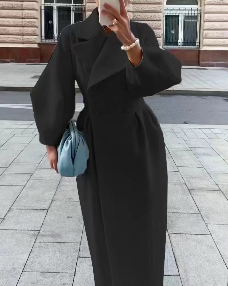 Abrigo largo elegante de invierno para mujer, cruzado y con solapas de muesca