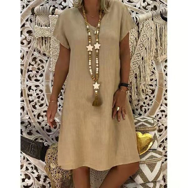 Ladies' Airy Dress with V-Neck and Short Sleeves
