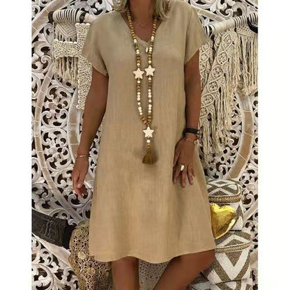 Ladies' Airy Dress with V-Neck and Short Sleeves