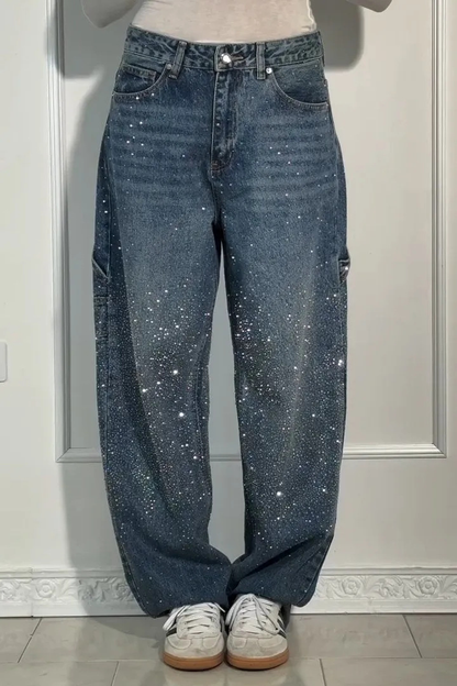 Ladies High Waist Straight Jeans with Glitter