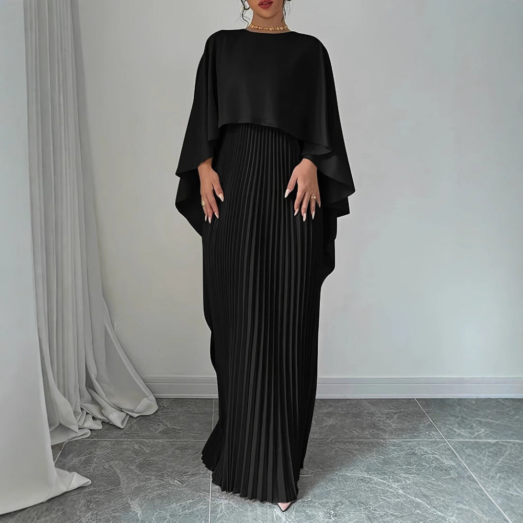 Flowing Pleated Maxi Dress with Batwing Sleeves
