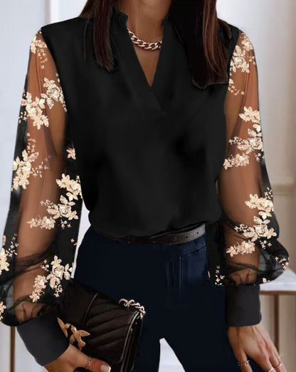 Elegant Ladies Blouse with V-Neck Long Sleeves Transparent Detail