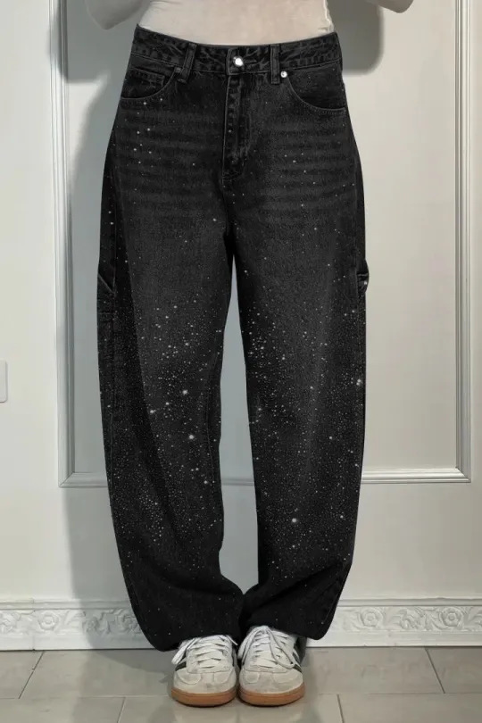 Ladies High Waist Straight Jeans with Glitter