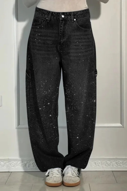 Ladies High Waist Straight Jeans with Glitter