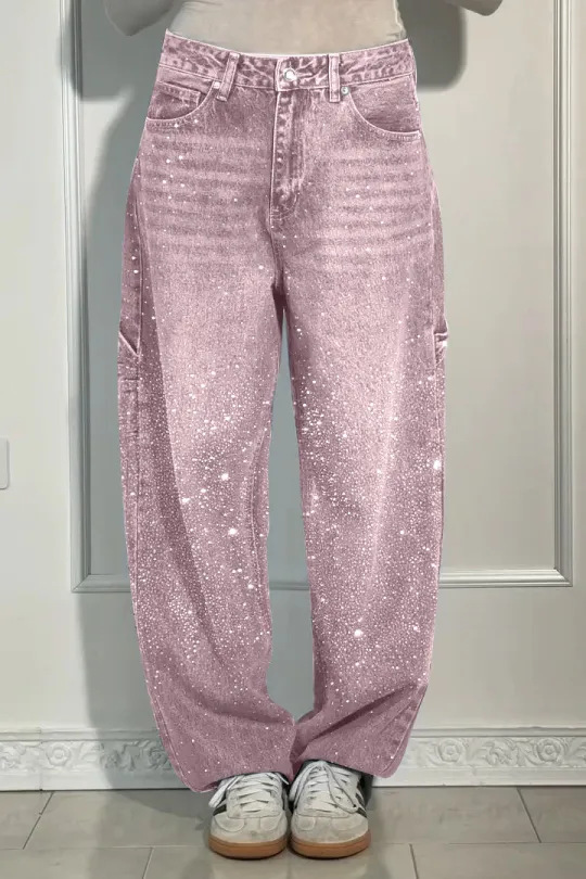 Ladies High Waist Straight Jeans with Glitter