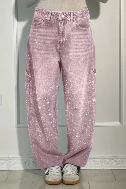 Ladies High Waist Straight Jeans with Glitter