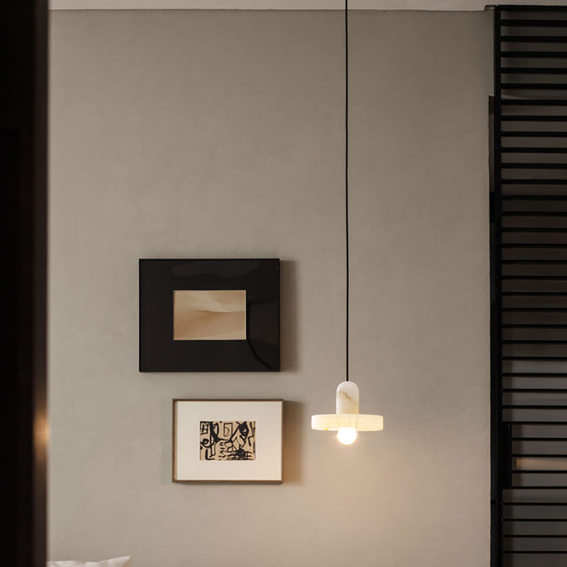 Modern White Alabaster Pendant Lamp with Marble Shade