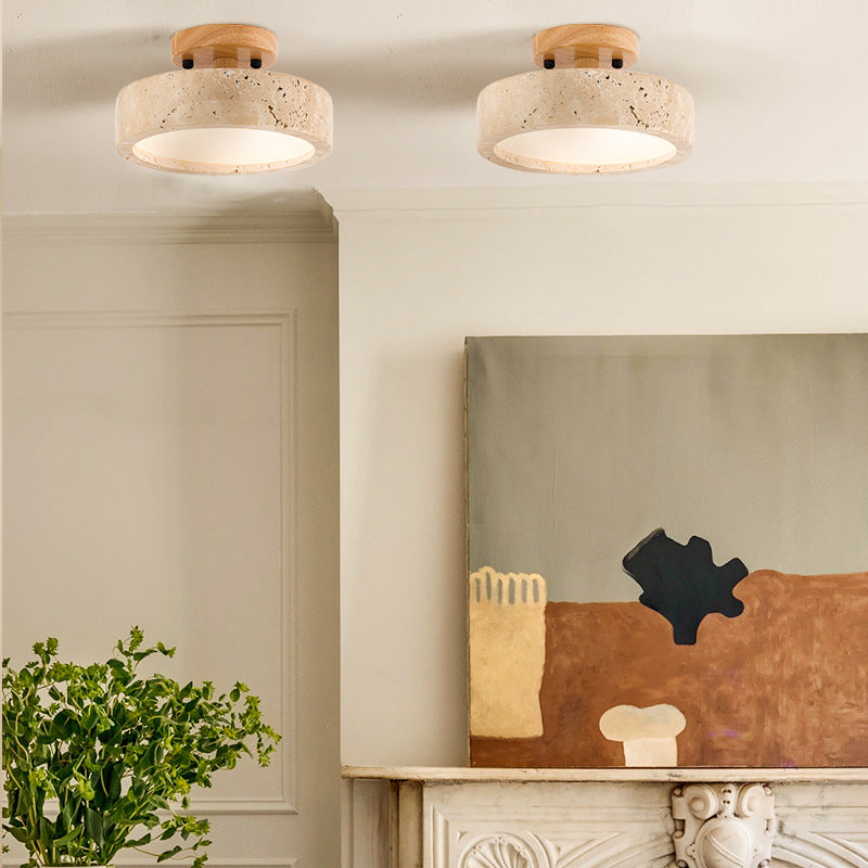 Round Yellow Travertine Ceiling Lamp with Smart LED