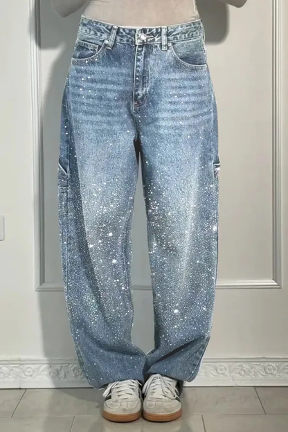 Ladies High Waist Straight Jeans with Glitter