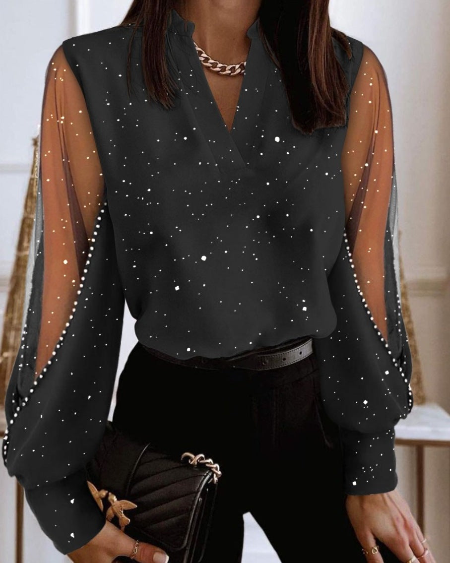 Elegant Ladies Blouse with V-Neck Long Sleeves Transparent Detail