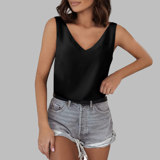 Celeste – Elegante camiseta sin mangas de talla grande con escote en V y dobladillo con volantes
