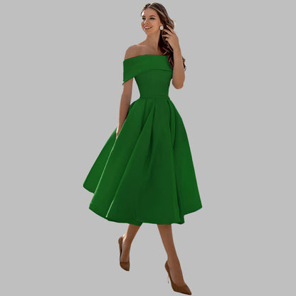 Off-shoulder satin vintage ball gown