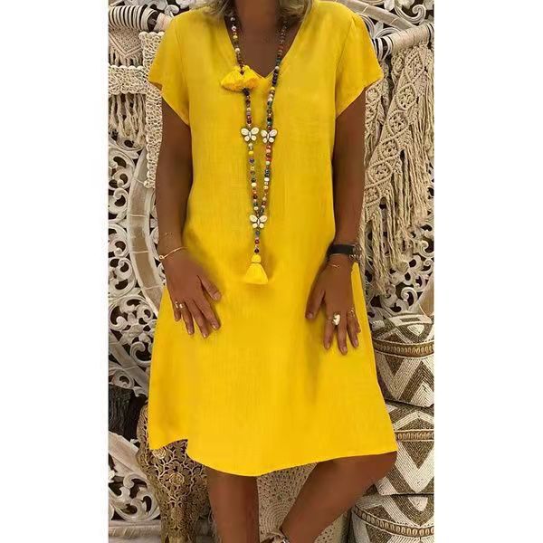 Ladies' Airy Dress with V-Neck and Short Sleeves