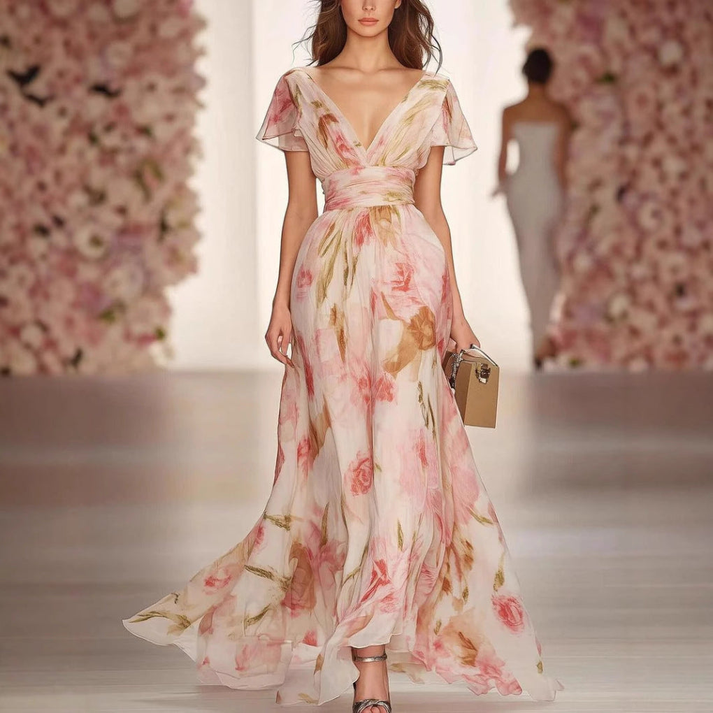 Maxi dress with flared sleeves and fit and flare silhouette