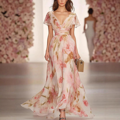 Maxi dress with flared sleeves and fit and flare silhouette