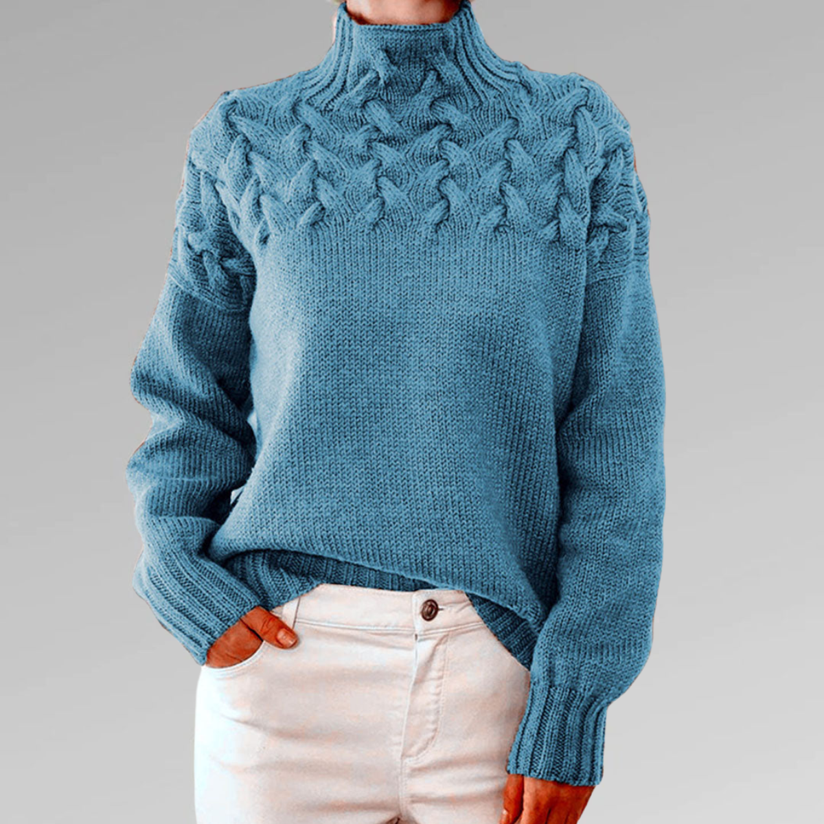 Ladies Knitted Turtleneck Sweater with Cable Pattern Warm and Soft