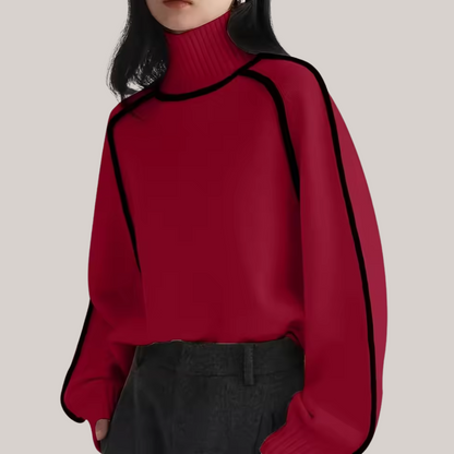 Warm Knitted Turtleneck Sweater for Women with Stripe Detail