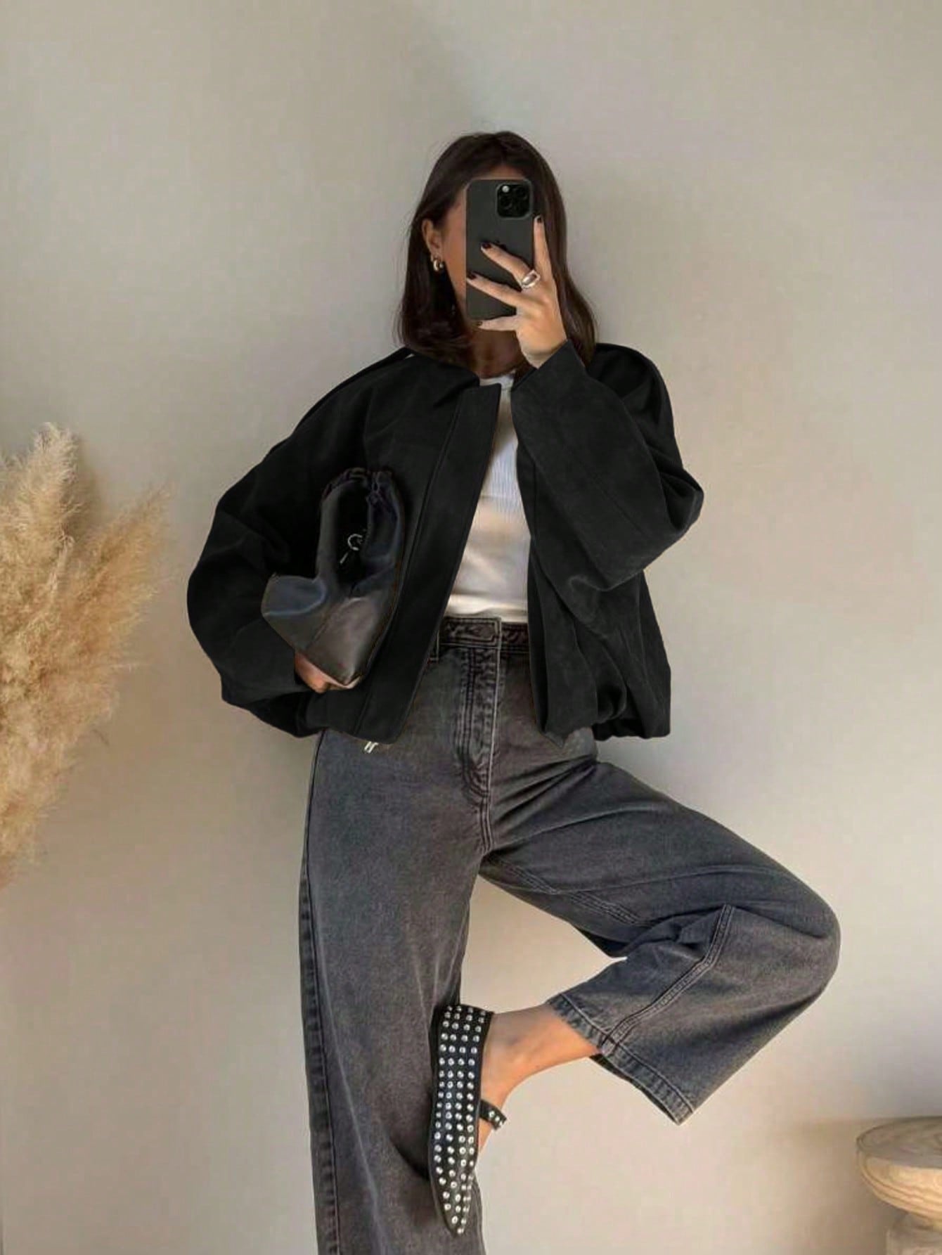 Oversized bomber jacket with zip and stand-up collar