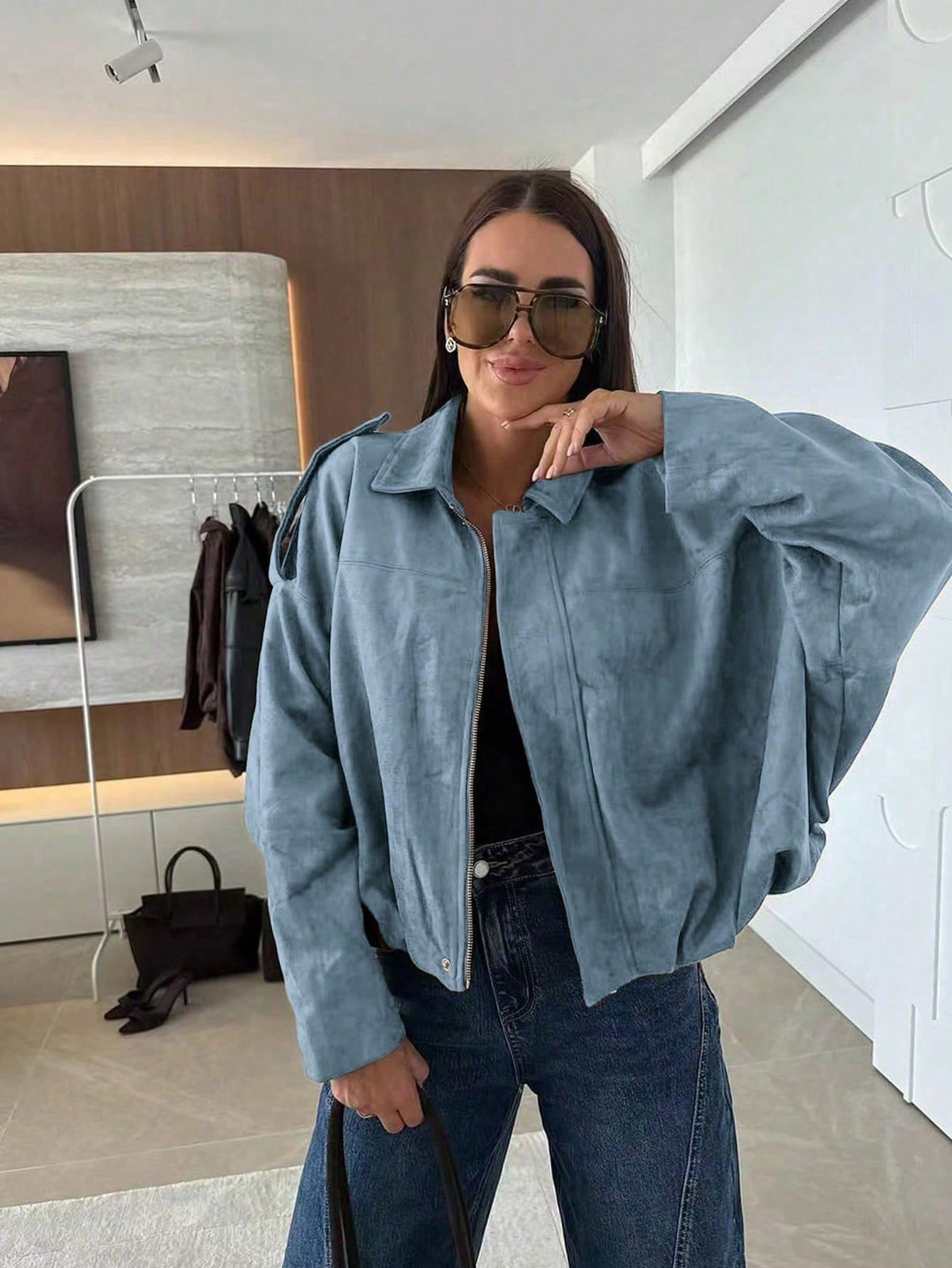 Oversized bomber jacket with zip and stand-up collar