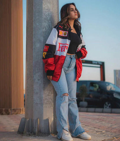 Oversized jacket with zip fastening and stand-up collar