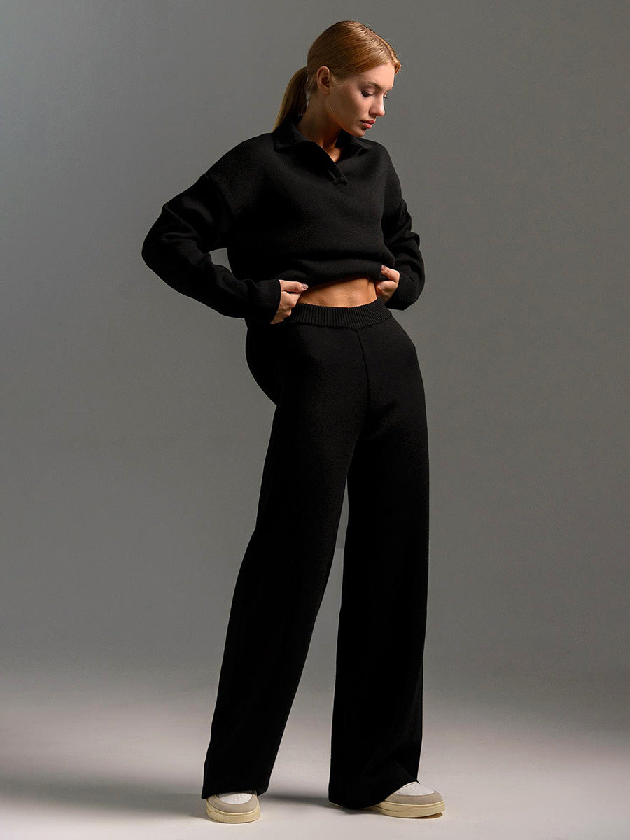 Lounge Set with Wide Trousers and Polo Sweater