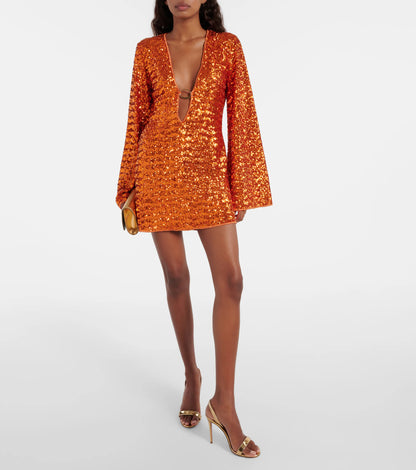 Chic Party Ladies Mini Dress with Sequins and Deep V-Neck