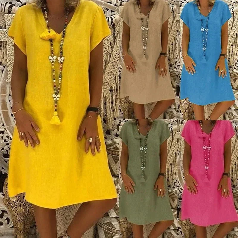 Ladies' Airy Dress with V-Neck and Short Sleeves