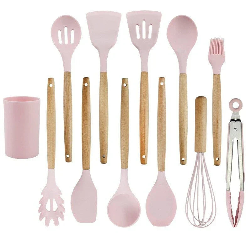 Non-Toxic Silicone Cooking Utensil Set - BPA-Free - Wooden Handles