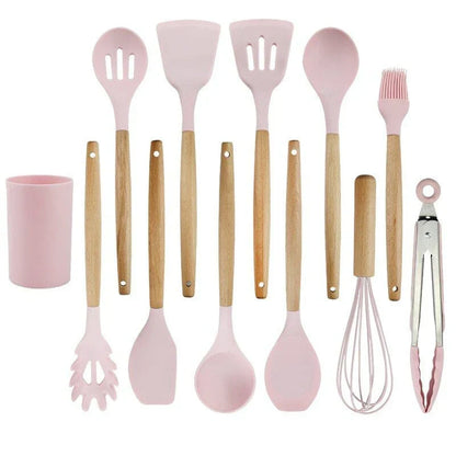 Non-Toxic Silicone Cooking Utensil Set - BPA-Free - Wooden Handles