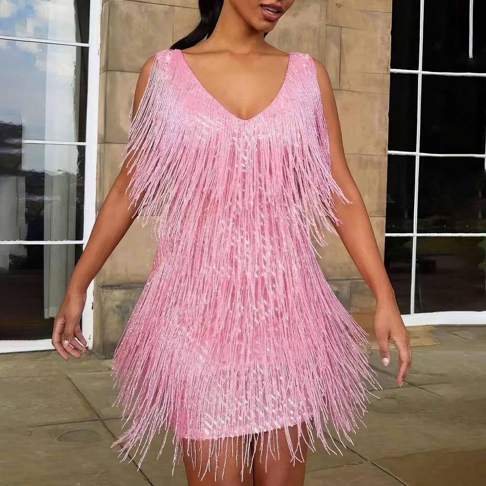 Damen-Sommerkleid mit Pailletten und Fransen für festliche Abende