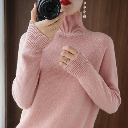 Ladies' Warm Turtleneck Sweater with Flexible Neck and Ribbed Edges
