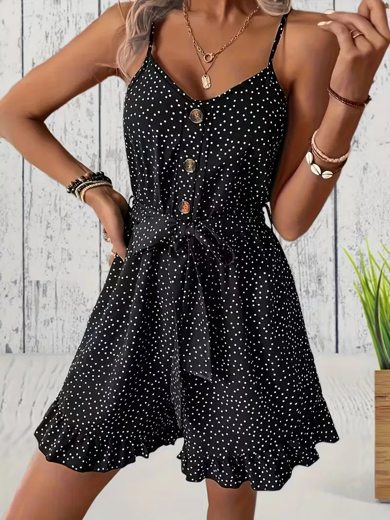 Playsuit with polka dots and V-neck