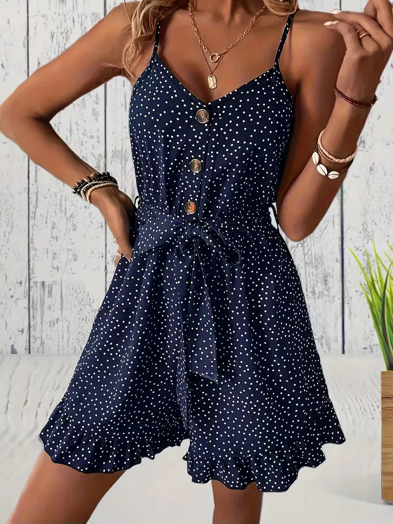 Playsuit with polka dots and V-neck