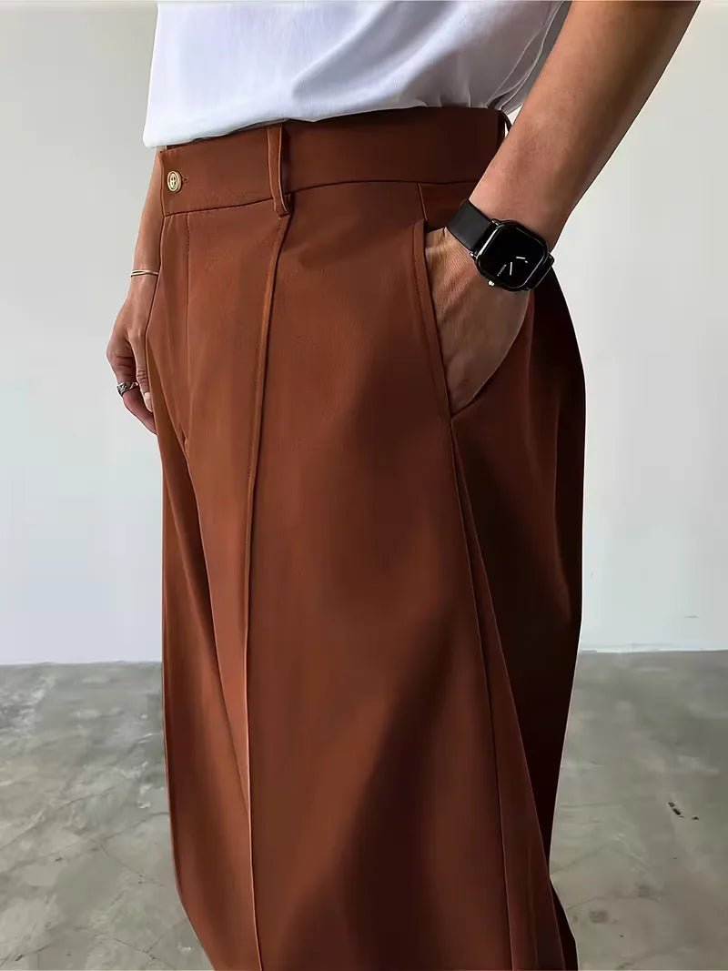 Pleated Design Trousers with Loose Straight Leg