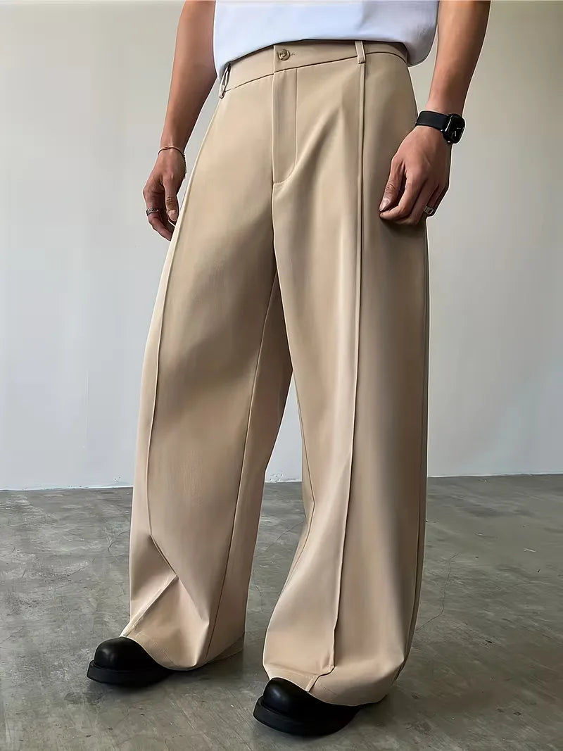 Pleated Design Trousers with Loose Straight Leg