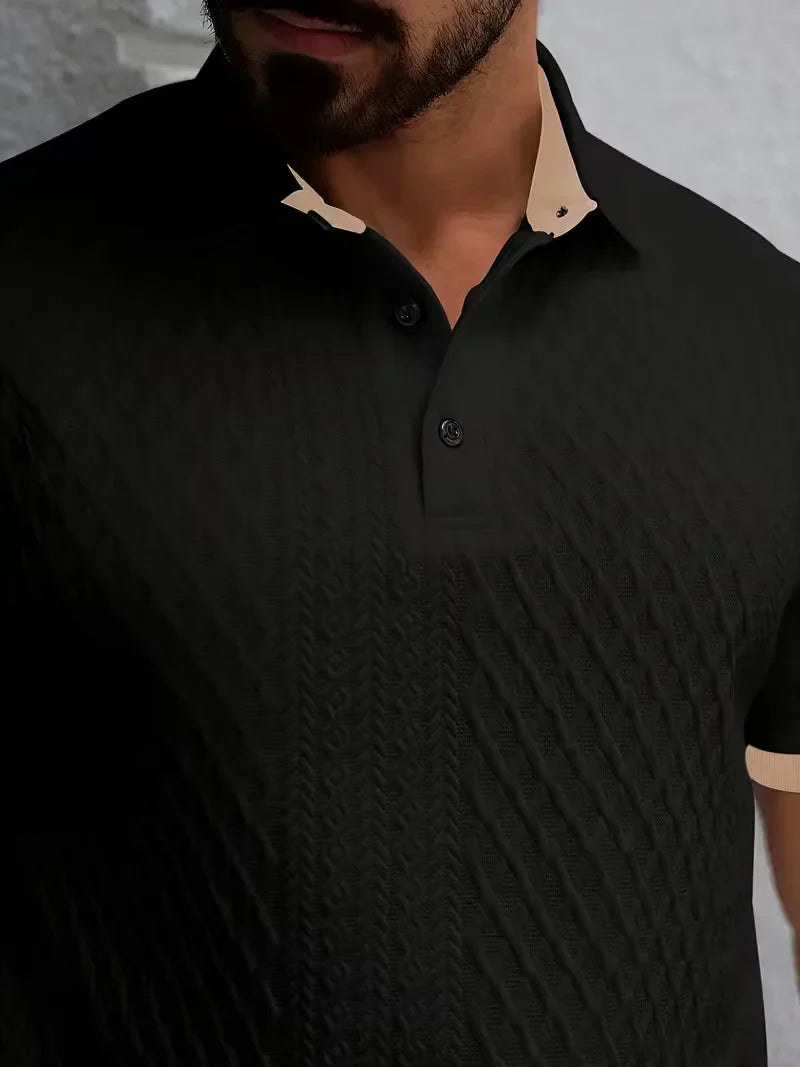Polo with V-neck and jacquard pattern