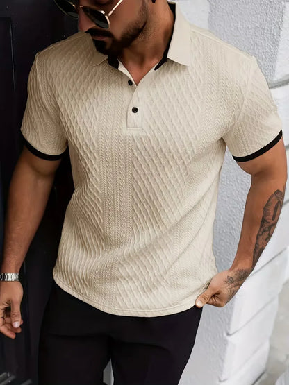 Polo with V-neck and jacquard pattern