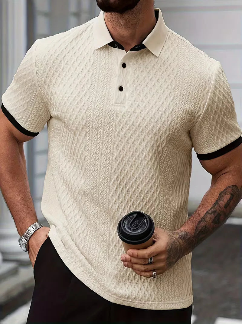 Polo with V-neck and jacquard pattern
