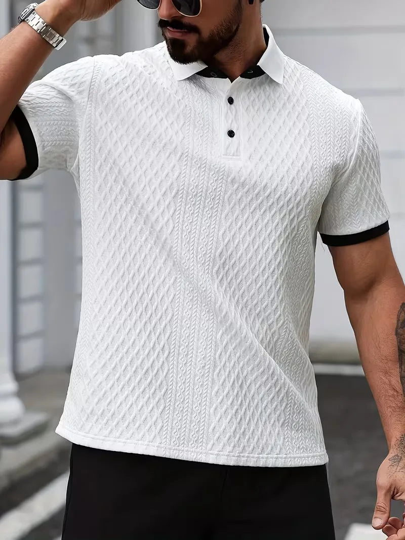 Polo with V-neck and jacquard pattern